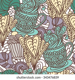 doodle hand drawn cup candies sweet teatime vector background heart abstract linear seamless pattern