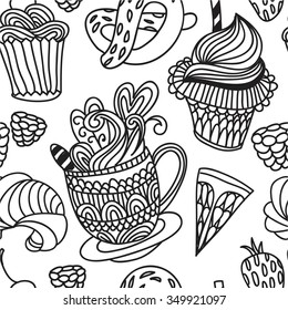 doodle hand drawn cup candies sweet teatime vector background heart abstract linear seamless pattern