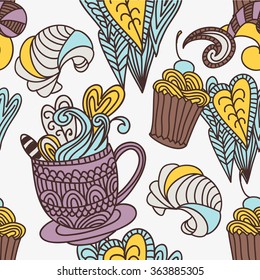 doodle hand drawn cup candies sweet teatime vector background heart abstract linear seamless pattern