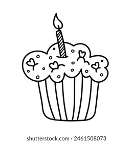 Doodle Hand drawn cupcake with candle. Simple outline Vector illustration isolated on a white background. Editable stroke birthday celebration element