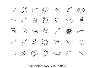 Doodle hand drawn cute cartoon expression sign. Line curve arrows, emoticon elements, symbols. Vector illustration