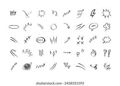 Doodle hand drawn cute cartoon expression sign. Line curve arrows, emoticon elements, symbols. Vector illustration