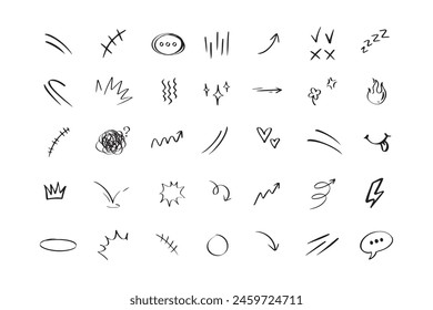 Doodle hand drawn cute cartoon expression sign. Line curve arrows, emoticon elements, symbols. Vector illustration