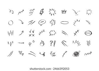 Dibujado a mano garabato lindo signo de expresión de dibujos animados. Flechas de curva de línea, Elementos de emoticonos, símbolos. Ilustración vectorial