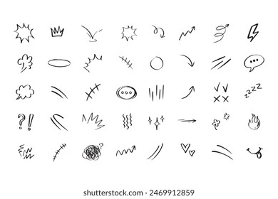 Sympathique panneau d'expression de dessin animé dessiné à la main. Flèches de courbe, éléments émoticônes , symboles. illustration vectorielle 