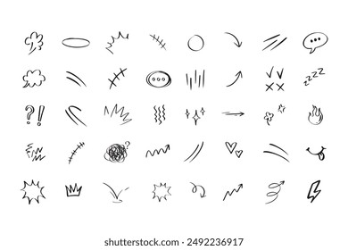 Doodle hand drawn cute cartoon expression sign. Line curve arrows, emoticon elements, symbols. Vector illustration