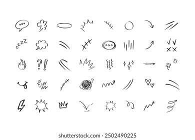 Doodle hand drawn cute cartoon expression sign. Line curve arrows, emoticon elements, symbols. Vector illustration