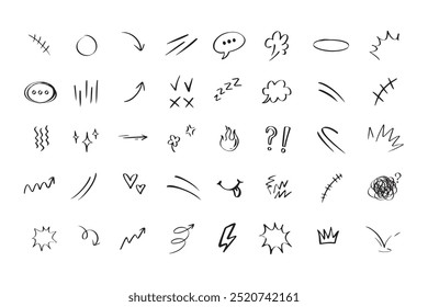 Doodle hand drawn cute cartoon expression sign. Line curve arrows, emoticon elements, symbols. Vector illustration
