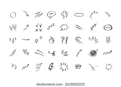 Doodle hand drawn cute cartoon expression sign. Line curve arrows, emoticon elements, symbols. Vector illustration