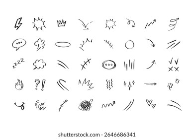 Doodle hand drawn cute cartoon expression sign. Line curve arrows, emoticon elements, symbols. Vector illustration