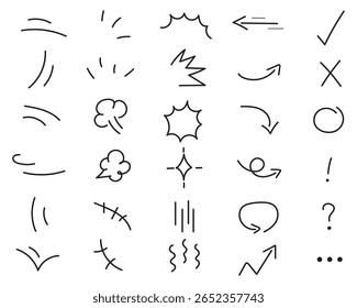 Doodle hand drawn cute cartoon expression sign. Line curve arrows, emoticon elements, symbols. Vector illustration