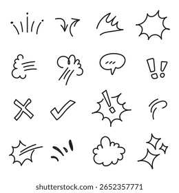 Doodle hand drawn cute cartoon expression sign. Line curve arrows, emoticon elements, symbols. Vector illustration