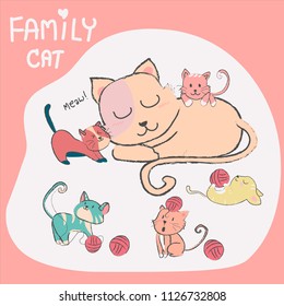 doodle hand drawn cute cat with baby family