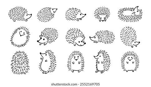 Doodle hand drawn cute hedgehog set. Hand drawn adorable hedgehog collection. Outline drawing for children. Vector illustration