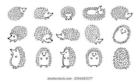 Doodle hand drawn cute hedgehog set. Hand drawn adorable hedgehog collection. Outline drawing for children. Vector illustration