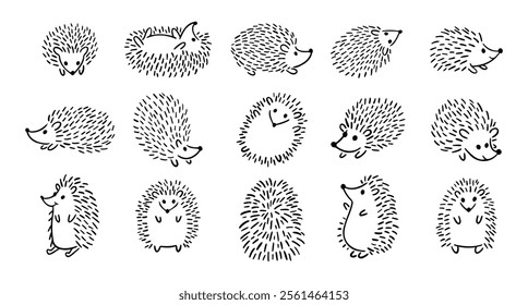 Doodle hand drawn cute hedgehog set. Hand drawn adorable hedgehog collection. Outline drawing for children. Vector illustration