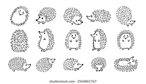 Doodle hand drawn cute hedgehog set. Hand drawn adorable hedgehog collection. Outline drawing for children. Vector illustration