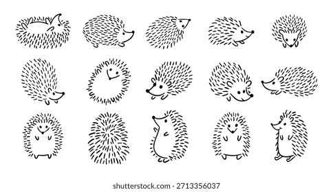 Doodle hand drawn cute hedgehog set. Hand drawn adorable hedgehog collection. Outline drawing for children. Vector illustration