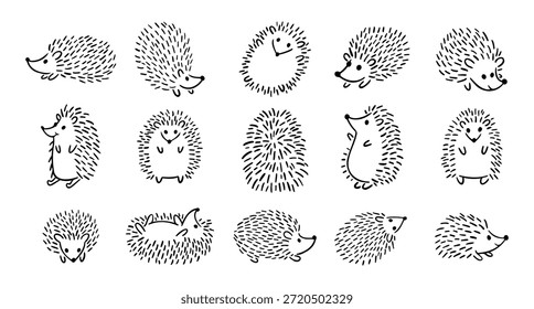 Doodle dibujado a mano lindo erizo conjunto. Colección de erizo adorable dibujado a mano. Dibujo de contorno para niños. Ilustración vectorial