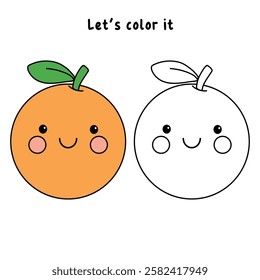 Doodle hand drawn cute kawaii smiling happy orange clipart vector. Cute orange coloring page for kids worksheets printable. Trace and color orange. Cartoon cute orange kawaii character sticker.