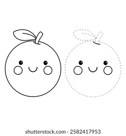 Doodle hand drawn cute kawaii smiling happy orange clipart vector. Cute orange coloring page for kids worksheets printable. Trace and color orange. Cartoon cute orange kawaii character sticker.