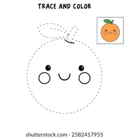 Doodle hand drawn cute kawaii smiling happy orange clipart vector. Cute orange coloring page for kids worksheets printable. Trace and color orange. Cartoon cute orange kawaii character sticker.