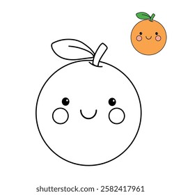 Doodle hand drawn cute kawaii smiling happy orange clipart vector. Cute orange coloring page for kids worksheets printable. Trace and color orange. Cartoon cute orange kawaii character sticker.