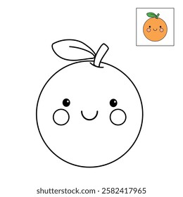 Doodle hand drawn cute kawaii smiling happy orange clipart vector. Cute orange coloring page for kids worksheets printable. Trace and color orange. Cartoon cute orange kawaii character sticker.