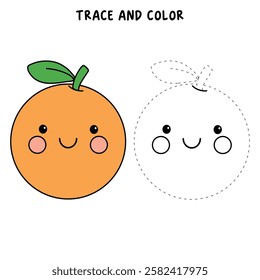 Doodle hand drawn cute kawaii smiling happy orange clipart vector. Cute orange coloring page for kids worksheets printable. Trace and color orange. Cartoon cute orange kawaii character sticker.