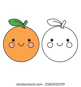 Doodle hand drawn cute kawaii smiling happy orange clipart vector. Cute orange coloring page for kids worksheets printable. Trace and color orange. Cartoon cute orange kawaii character.