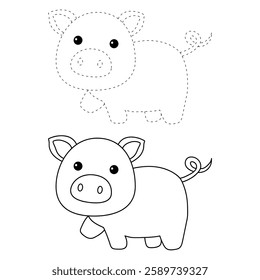 Doodle hand drawn cute pig clip art vector. Cute pig coloring pages for kids. Trace and color cute pig. Pig animal flashcard. Kindergarten and preschool worksheets printable for kids.