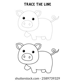 Doodle hand drawn cute pig clip art vector. Cute pig coloring pages for kids. Trace and color cute pig. Pig animal flashcard. Kindergarten and preschool worksheets printable for kids.