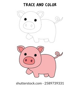 Doodle hand drawn cute pig clip art vector. Cute pig coloring pages for kids. Trace and color cute pig. Pig animal flashcard. Kindergarten and preschool worksheets printable for kids.