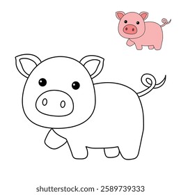 Doodle hand drawn cute pig clip art vector. Cute pig coloring pages for kids. Trace and color cute pig. Pig animal flashcard. Kindergarten and preschool worksheets printable for kids.