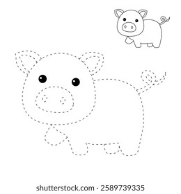 Doodle hand drawn cute pig clip art vector. Cute pig coloring pages for kids. Trace and color cute pig. Pig animal flashcard. Kindergarten and preschool worksheets printable for kids.