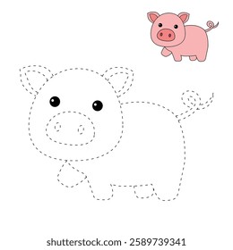 Doodle hand drawn cute pig clip art vector. Cute pig coloring pages for kids. Trace and color cute pig. Pig animal flashcard. Kindergarten and preschool worksheets printable for kids.