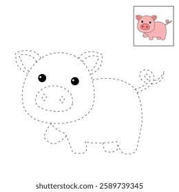 Doodle hand drawn cute pig clip art vector. Cute pig coloring pages for kids. Trace and color cute pig. Pig animal flashcard. Kindergarten and preschool worksheets printable for kids.