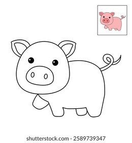 Doodle hand drawn cute pig clip art vector. Cute pig coloring pages for kids. Trace and color cute pig. Pig animal flashcard. Kindergarten and preschool worksheets printable for kids.