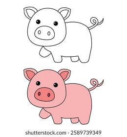 Doodle hand drawn cute pig clip art vector. Cute pig coloring pages for kids. Trace and color cute pig. Pig animal flashcard. Kindergarten and preschool worksheets printable for kids.