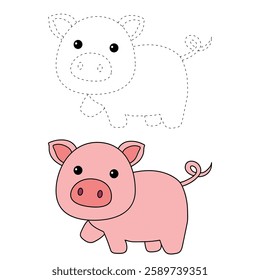 Doodle hand drawn cute pig clip art vector. Cute pig coloring pages for kids. Trace and color cute pig. Pig animal flashcard. Kindergarten and preschool worksheets printable for kids.