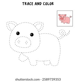 Doodle hand drawn cute pig clip art vector. Cute pig coloring pages for kids. Trace and color cute pig. Pig animal flashcard. Kindergarten and preschool worksheets printable for kids.