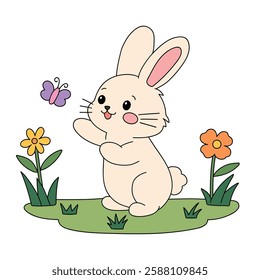 Doodle hand drawn cute rabbit in spring garden. Cute rabbit easter isolated on white background. Kindergarten and preschool worksheets for kids printable. Cute bunny clip art vector.