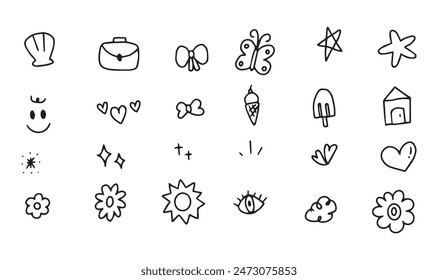 Doodle hand drawn with cute staff with black line. Element of flower, star, sparkle, abstract and nature for illustration
