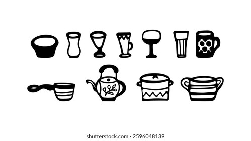 Doodle hand drawn cutlery kitchen isolated icon set.