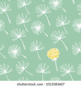 Doodle hand drawn dandelion flowers on blue. Vector seamless minimalistic pattern. Endless pattern for wallpaper, pattern fills, web page background, textures. Hand drawn, botany.