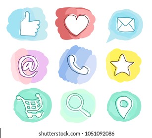 Doodle hand drawn design. Shopping icon set. Social media. Illustration for store website. Quality, like, favorite, mail, message, phone, basket, location map, search. Good for kids funny style.