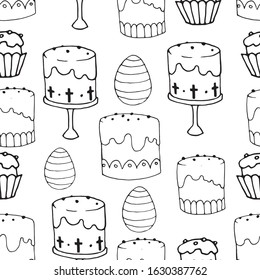 Doodle hand drawn easter eggs and cakes vector seamless pattern. Spring illustration. Easter decoration background. Design for greeting cards, scrapbooking, textile, wrapping paper, wallpapers