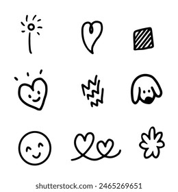 Doodle hand drawn. Element of animal, star, sparkle, heart and music. Cute stuff for illustration. Black and white outline