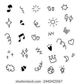 Doodle hand drawn. Element of star, sparkle, heart and music. Black and white