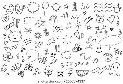 Doodle hand drawn elements. Big set. Line art. Crowns, hearts, stars, flowers, sparkles, arrows, lightnings, signs and other funny design elements іsolated on white background.